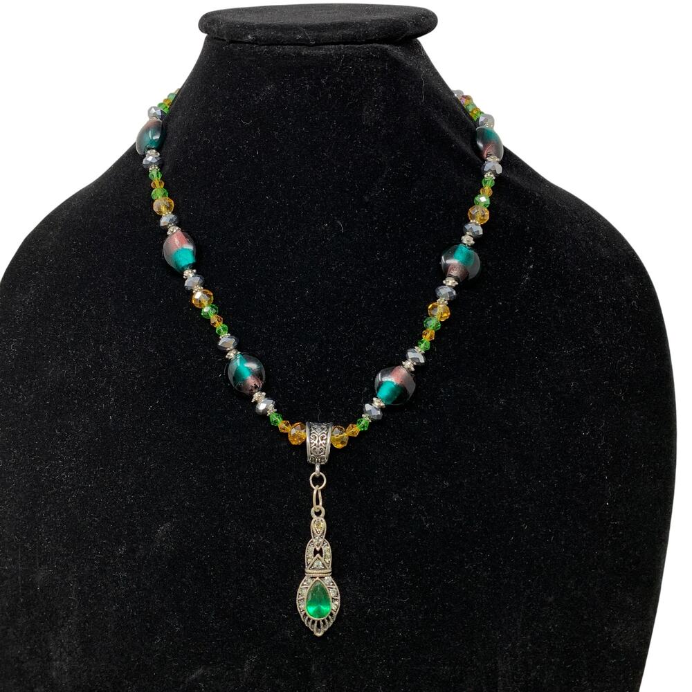 Handmade Artisan Beaded Pendant Necklace Multicolor Silver Tone Metal Toggle